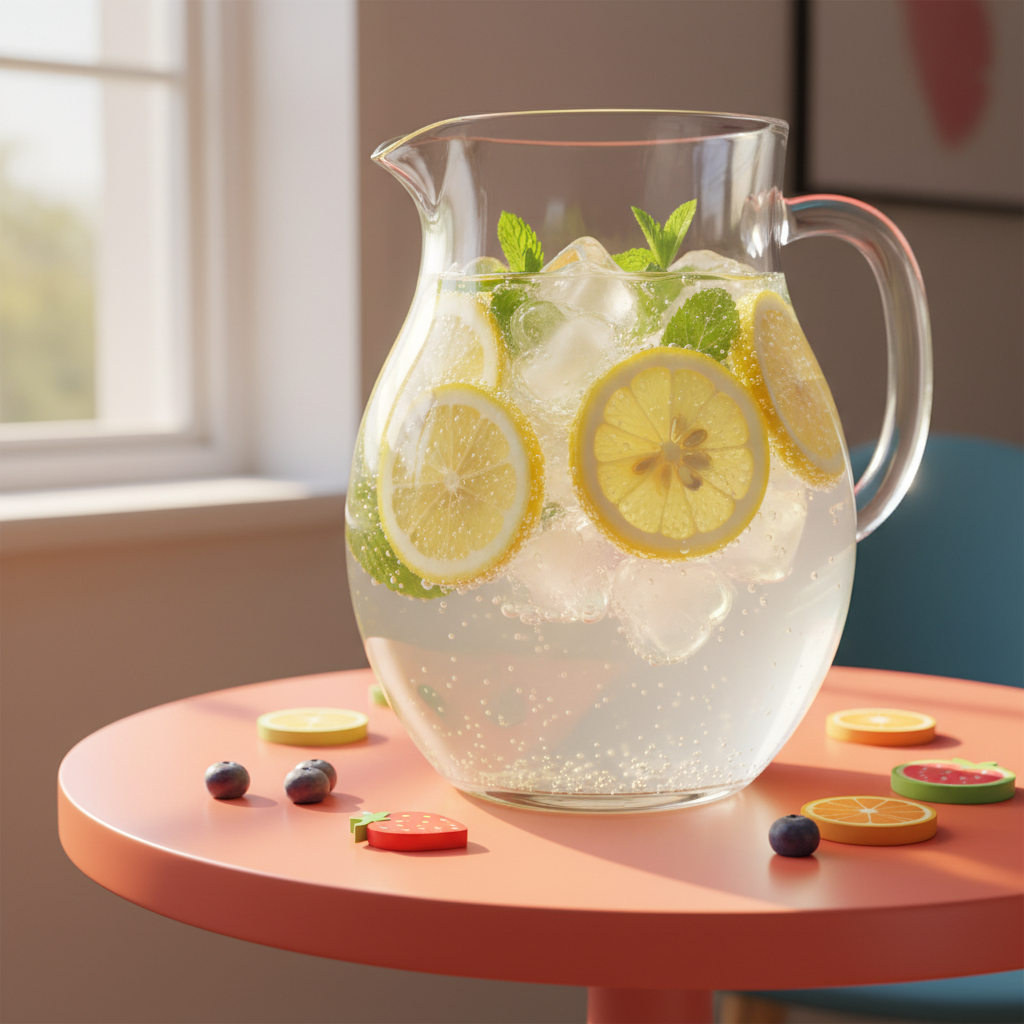 A large, glass pitcher filled with effervescent, zesty lemonade, dotted with thick lemon rounds, fresh mint leaves, and playful ice cubes shaped like stars and hearts. The pitcher sits on a dazzling, round table painted in bright coral, with whimsical, rounded edges and pops of color in the form of tiny fruit-shaped coasters. Golden hour sunlight pours in from a nearby window, casting whimsical reflections and soft highlights, giving the entire scene a festive, animated mood. Shot with a slightly low angle that emphasizes the pitcher’s lively textures and the joyful table setting, the image radiates a photographic, vibrant, and energetic blog feel.