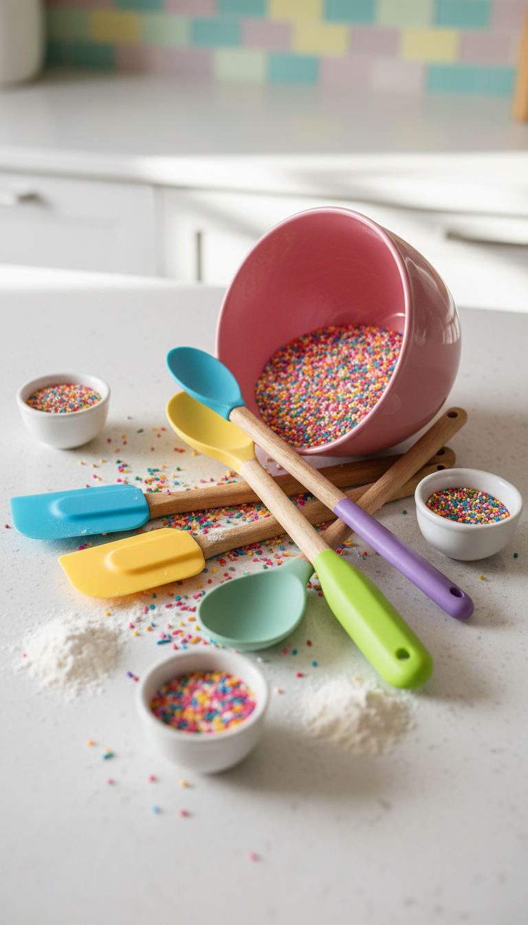 A whimsical arrangement of brightly colored kitchen utensils—rounded silicone spatulas, chunky wooden spoons, and a glossy mixing bowl in playful pink—artfully spilling out across a sparkly quartz counter. Small ceramic ramekins of rainbow sprinkles and flour add a sense of fun and spontaneity. Soft, even natural light streams from an unseen window, creating cheery highlights and rounded, gentle shadows. Captured from a dynamic, slightly off-centered overhead angle with a focused foreground and blurred background, the composition feels energetic and optimistic. The photographic realism and vibrant color palette amplify the blog’s playful personality and culinary creativity.