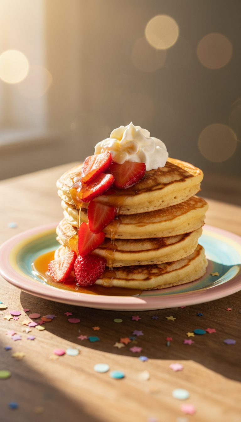 A stack of fluffy, golden-brown pancakes topped with glossy strawberry slices and a swirl of whipped cream, drizzled generously with amber maple syrup. The pancakes rest on a playful, pastel-colored ceramic plate with a rounded, cheerful design. The scene is set on a sunlit wooden breakfast table, splashes of rainbow-colored confetti scattered around for a whimsical effect. Bright morning sunlight streams from the left, highlighting the texture of the pancakes and casting soft, rounded shadows. The mood is energetic, vibrant, and joyful. Photographed from a slightly elevated angle with a sharp focus on the stack, background softened with a gentle bokeh, emphasizing the playful, photographic realism and lively blog personality.