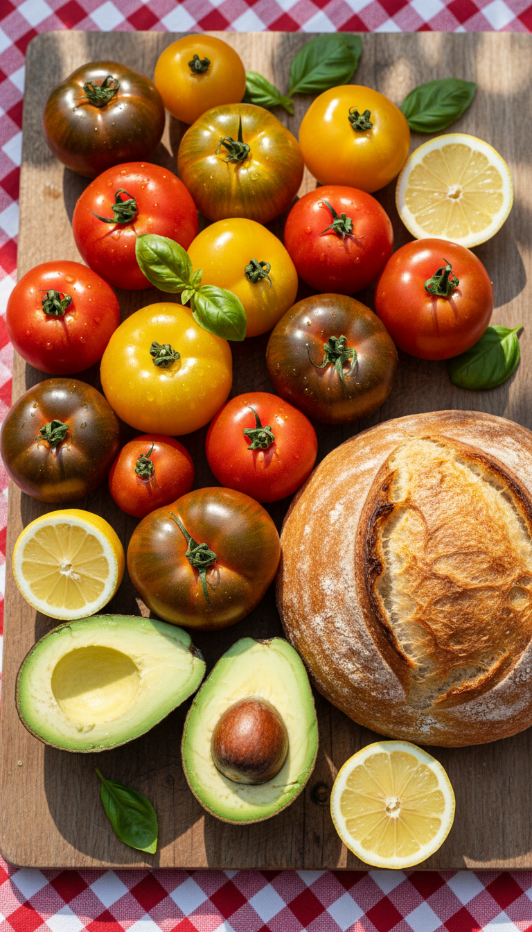 A rustic wooden board adorned with an arrangement of plump, glistening heirloom tomatoes, smooth-skinned avocados halved to reveal their buttery green interiors, and a crusty loaf with a round, golden form. Colorful lemon wedges and tiny sprigs of fresh basil are scattered in a spontaneous, whimsical composition. The setting is a lively, outdoor picnic table with a playful gingham cloth peeking through. Bright dappled sunlight filters through imagined tree leaves, creating energetic highlights and soft, rounded shadow patches. Captured from a close-up, eye-level view, the crisp photographic style and joyful, energetic layout make this perfect for a cheerful recipe blog inspiration.
